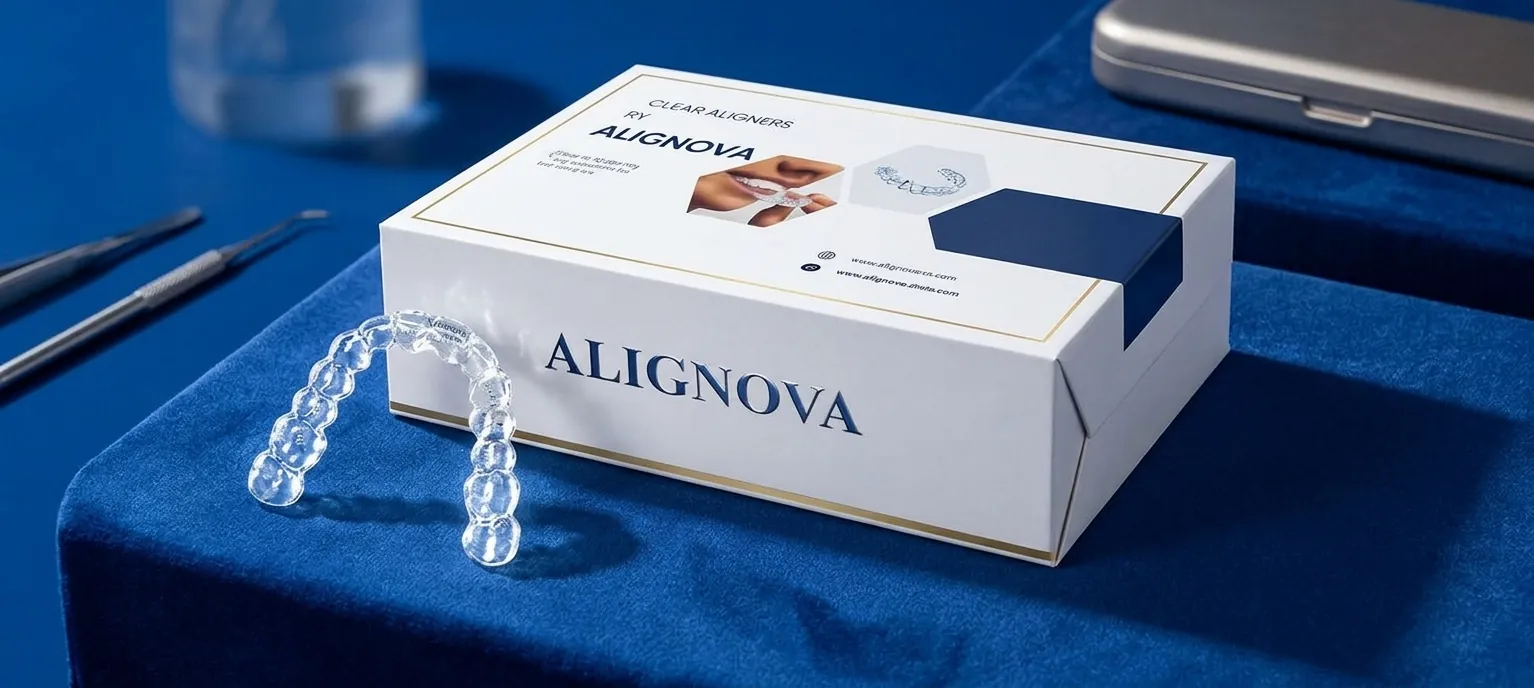 Alignova clear aligners with their branded Alignova box